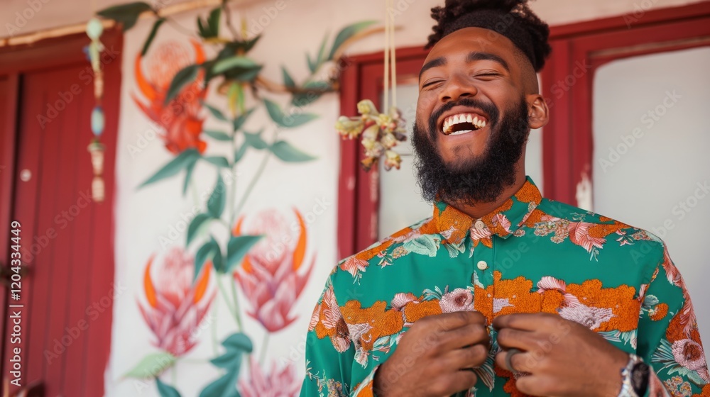 Obraz premium A cheerful Black man dressed in a colorful shirt expresses joy while standing amidst wildlife-themed decor