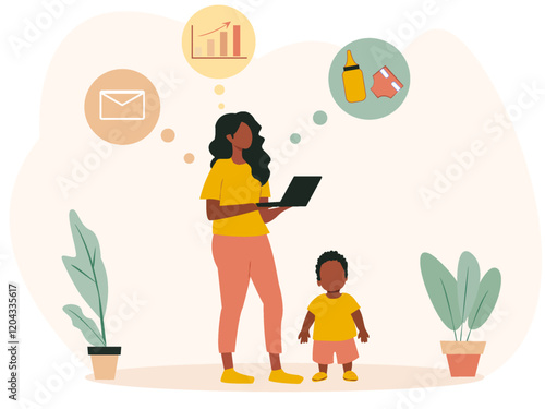 Mom balancing remote work while caring for young child during maternity leave