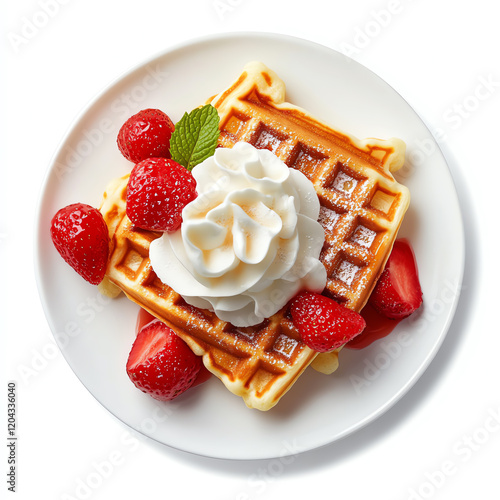 Delicious waffle topped with fresh strawberries and whipped cream, perfect for a sweet breakfast or dessert. photo