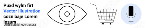 Eye icon, shopping cart, and microphone representing vision, e-commerce, and audio. Ideal for tech startups, e-commerce sites, media companies, presentations, websites, marketing materials, app