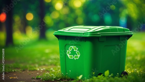 A recyle bin to represent recycling. Bin container for environmental preservation and waste disposal. photo