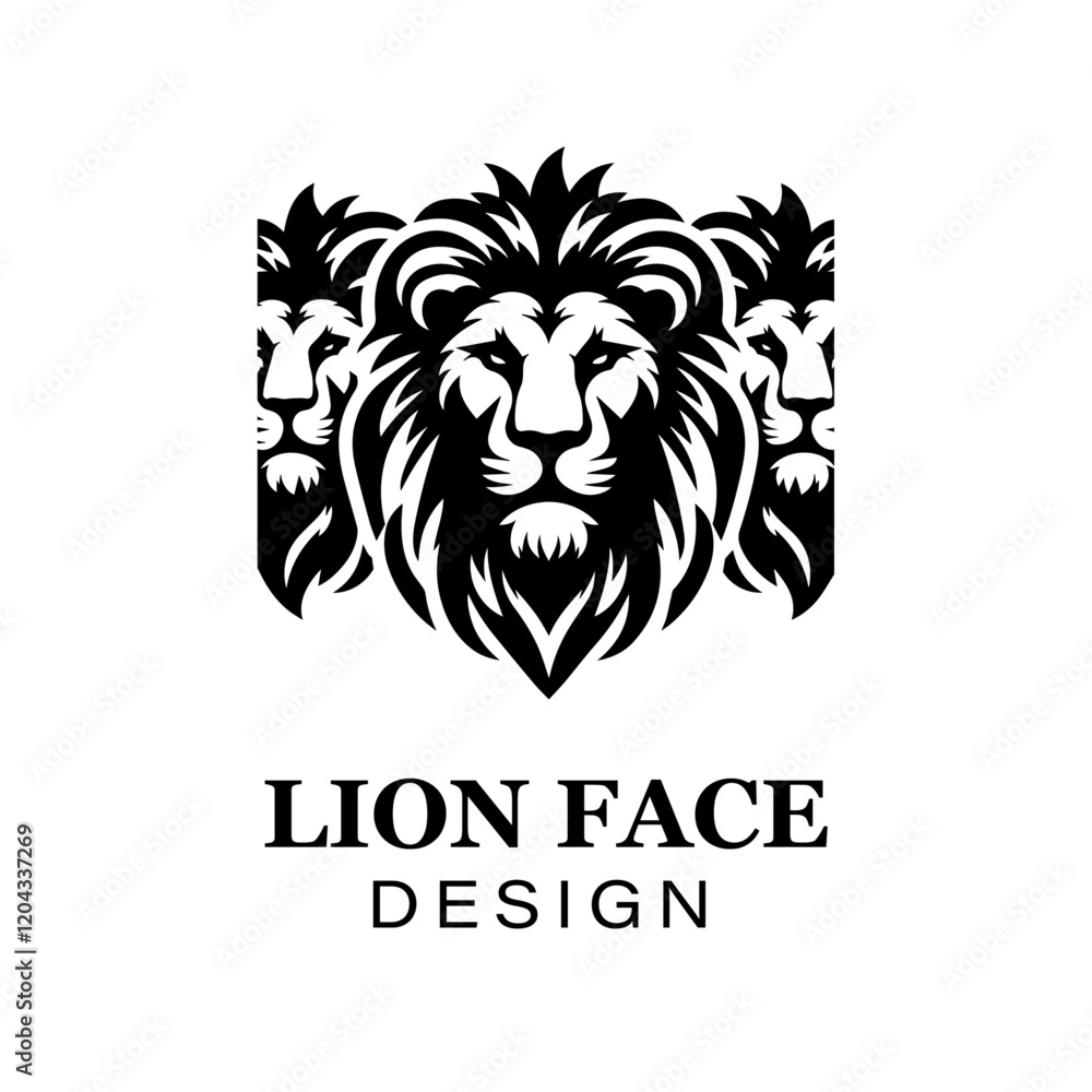 Fototapeta premium Fierce black and white lion head logo design with bold stylized mane, modern animal vector illustration for branding and graphic art projects.