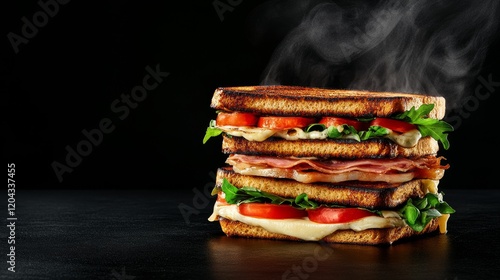 Delicious Triple Decker Sandwich - A mouthwatering triple-decker sandwich filled with ham, cheese, tomato, and lettuce, steaming hot on a dark background. photo