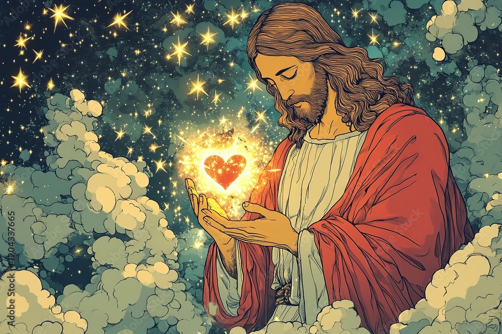 Fototapeta premium A detailed and inspiring illustration of Jesus Christ, radiating peace and love, perfect for faith-based themes and spiritual reflections.