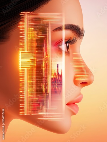 Digital Cityscape Within - A woman's profile is overlaid with a vibrant digital cityscape, creating a striking visual blend of human and technology.