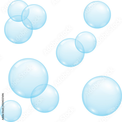 Bright blue soap bubbles isolated on white background close up