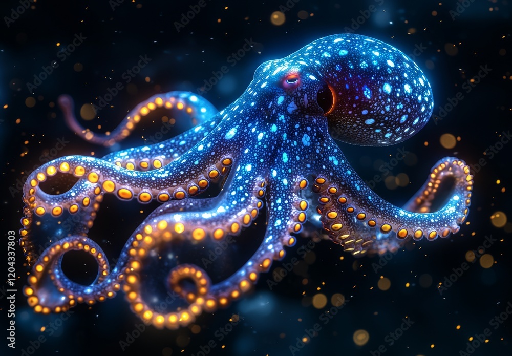 Obraz premium A bioluminescent octopus is swimming in the deep ocean, emitting light
