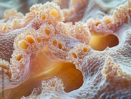 Close-up of orange coral underwater, showcasing its intricate skeletal framework and potentially bioluminescent elements photo