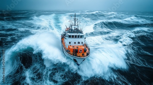 A rescue boat navigates raging ocean waves during a fierce storm. photo