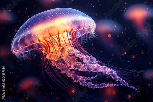 A jellyfish with an illuminated flower hat design floats gracefully in the aquarium