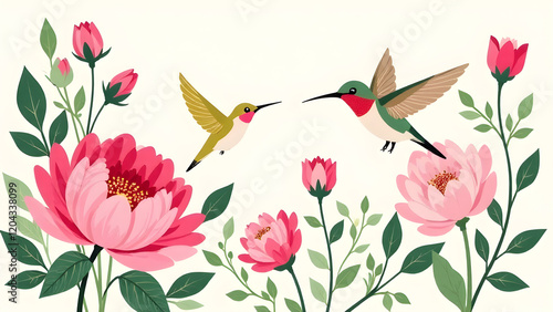 Celebrated card of pink peony and hummingbird on white background , Women Day, 8 March 