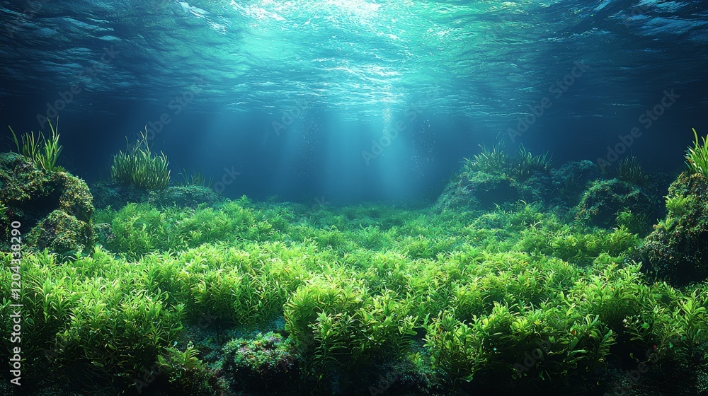 Fototapeta premium A meadow hidden underwater with aquatic plants beneath a dark blue sea