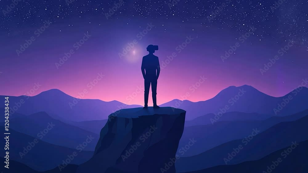 A person wearing VR gear standing on a mountain at night. A person wearing VR gear standing on a mountain at night.