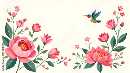 Celebrated card of pink peony and hummingbird on white background , Women Day, 8 March 