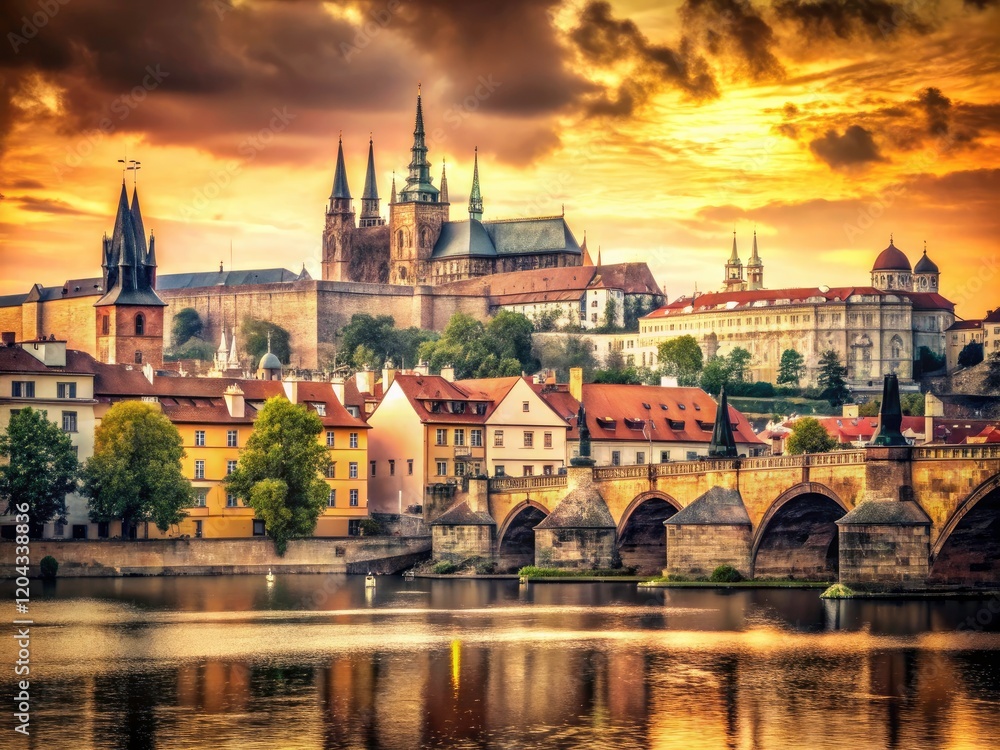 Fototapeta premium Nostalgic Prague: A vintage image showcases the majestic Castle and the historic Charles Bridge.