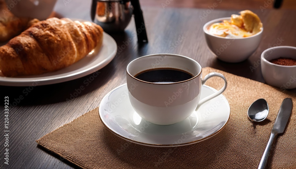 Cup of coffee and croissant in the table Cup of coffee and croissant in the table