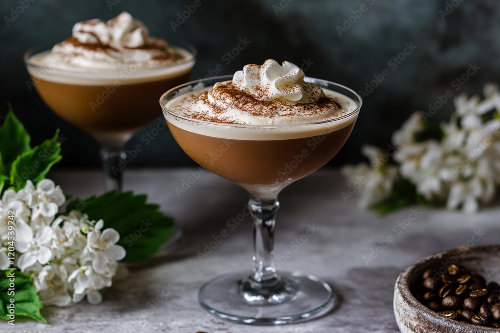 Coffee dessert with whipped cream and chocolate topping Coffee dessert with whipped cream and chocolate topping