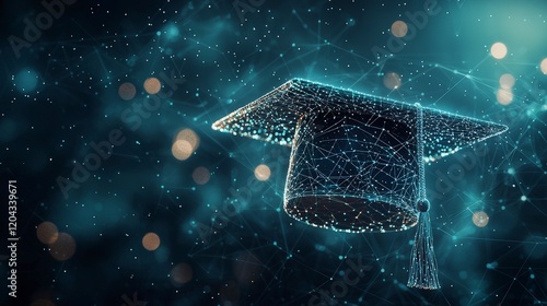 A glowing academic hat floats in a galaxy of digital light, representing the shining path of enlightenment and technological advancement in learning.