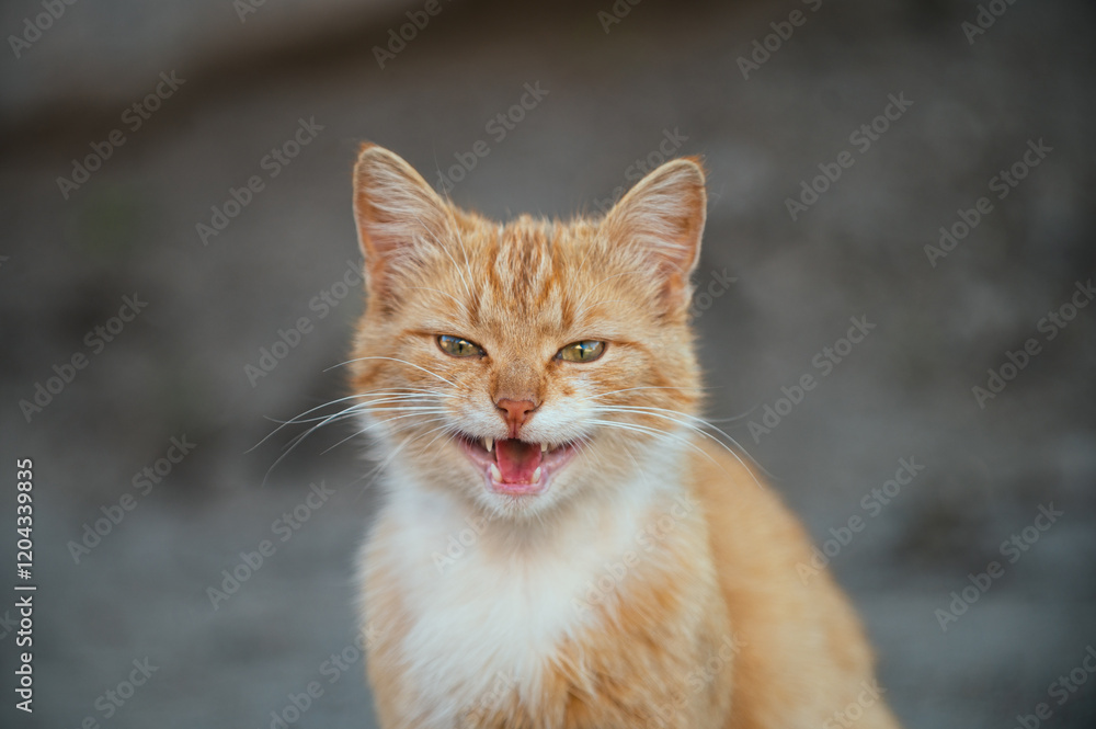 An orange tabby cat with white fur meowing while sitting on a dirt path. Its vibrant fur contrasts with the natural outdoor surroundings. An orange tabby cat with white fur meowing while sitting on a dirt path. Its vibrant fur contrasts with the natural outdoor surroundings.