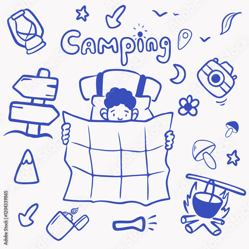 Camping set, vector blue line illustration in doodle technique with character with map, campfire, pointer, camera, knife, thermos, lighter, mushrooms for packaging design, print, branding