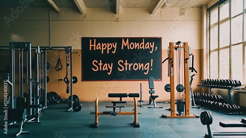 Happy Monday, Stay Strong! Motivational Gym Interior photo