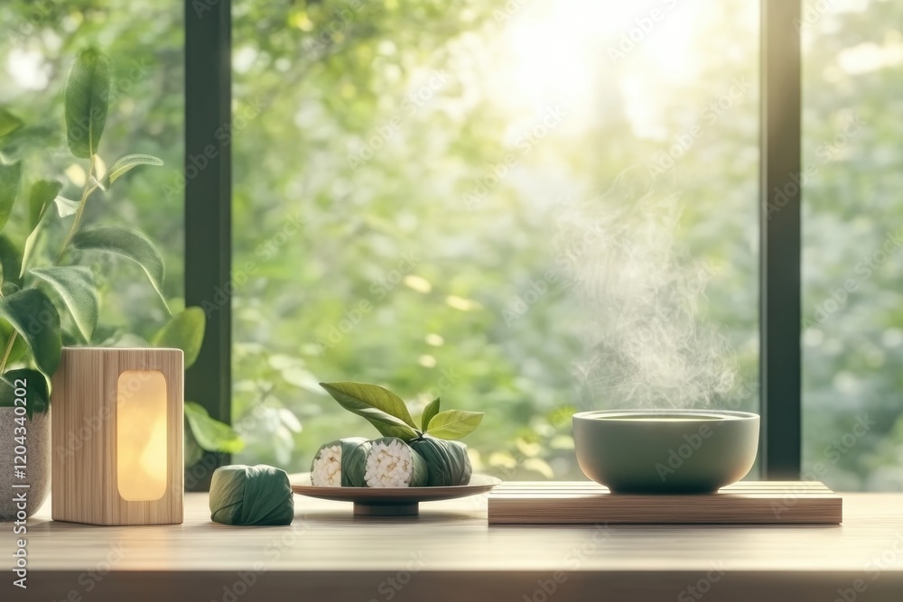 Minimalist Table Setup Featuring Steaming Green Tea and Traditional Rice Cakes Amidst a Serene Natural Backdrop Minimalist Table Setup Featuring Steaming Green Tea and Traditional Rice Cakes Amidst a Serene Natural Backdrop
