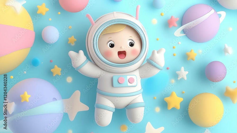 Cute cartoon astronaut child floating in colorful space with stars and planets Cute cartoon astronaut child floating in colorful space with stars and planets