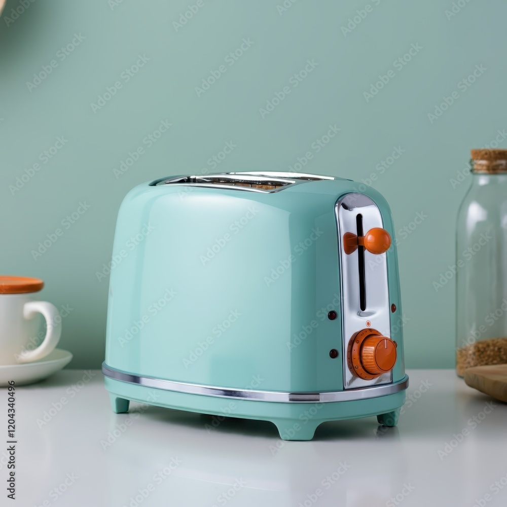 Retro toaster, turquoise blue, pop of orange, minimalist design, two slices of toast, pastel mint green background, vintage kitchen appliance, clean composition, vibrant colors, nostalgic aesthetic, s Retro toaster, turquoise blue, pop of orange, minimalist design, two slices of toast, pastel mint green background, vintage kitchen appliance, clean composition, vibrant colors, nostalgic aesthetic, s