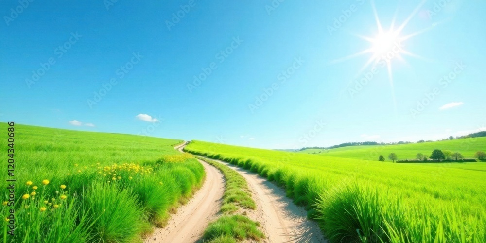 Fototapeta premium A Sunny Day's Journey Down a Dirt Road Through Lush Green Fields and Vibrant Yellow Wildflowers Under a Bright, Clear Sky