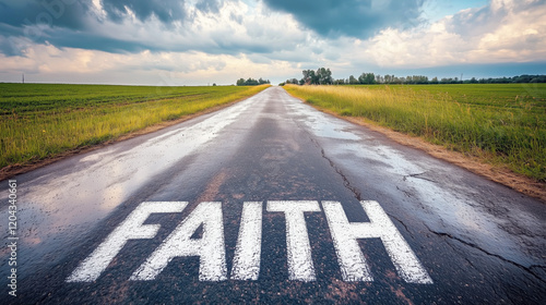 Wallpaper Mural Faith written on empty rural road under dramatic sky Torontodigital.ca