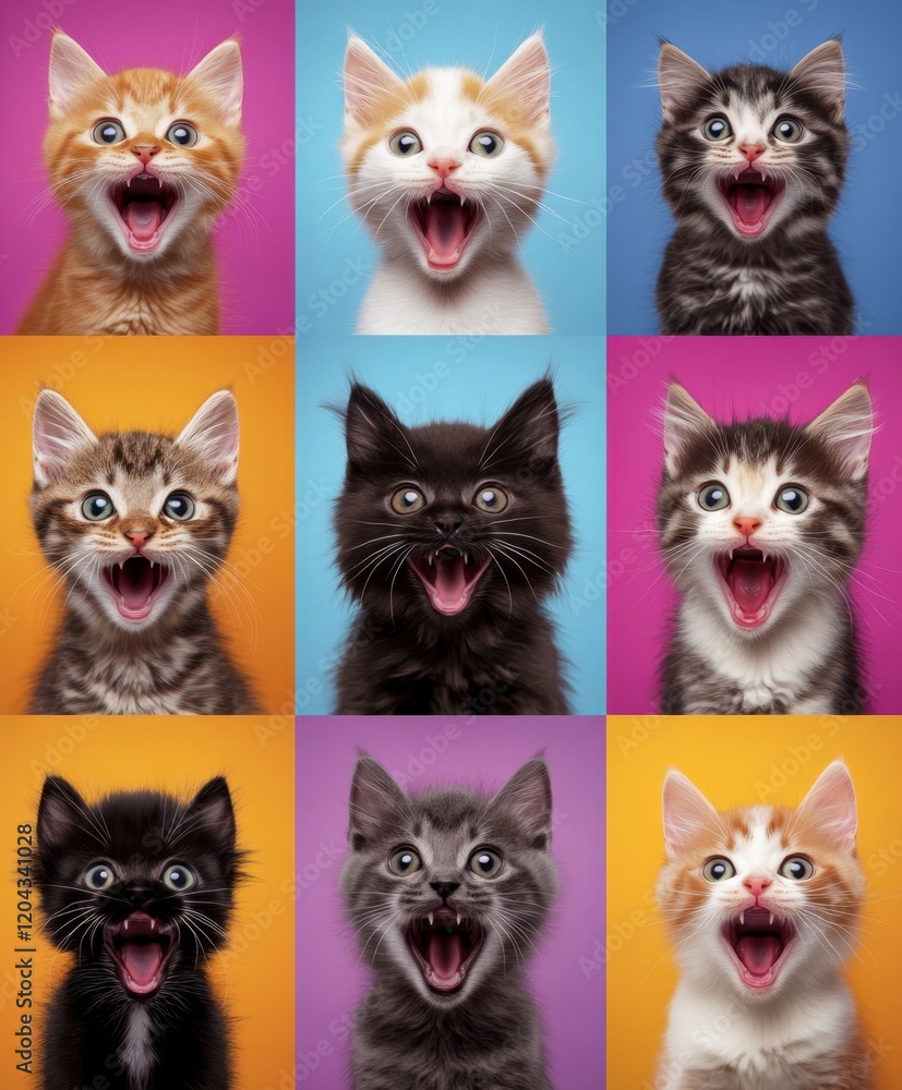 Nine kittens with funny expressions on colorful backgrounds Nine kittens with funny expressions on colorful backgrounds