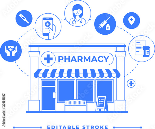 Pharmacy store infographic with medical elements. Building icon isolated on white background. One color blue outline graphic. Health care concept. Drugstore line art illustration with editable stroke.