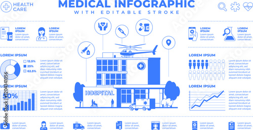Medical infographic banner design. Hospital building one color print. Charts, icons and data isolated on white background. Blue outline graphic. Health care line art illustration. Editable stroke.