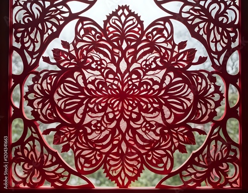 Intricate Red Papercut Panel: Delicate Floral Mandala Design