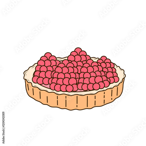 Shortcrust pastry tartlet with whipped cream, decorated with raspberries. Vector illustration in flat, cartoon style. Tasty and sweet tartlet with raspberries, isolated on white background