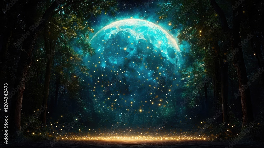 Obraz premium Magical moonlit forest path, fireflies glowing, nighttime fantasy scene, ideal for fantasy backgrounds