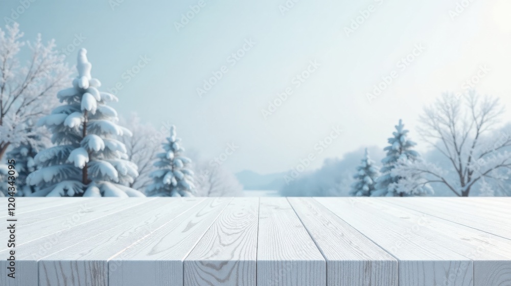 Fototapeta premium Winter Wonderland Serene White Wooden Tabletop Against a Blurred Snowy Forest Backdrop