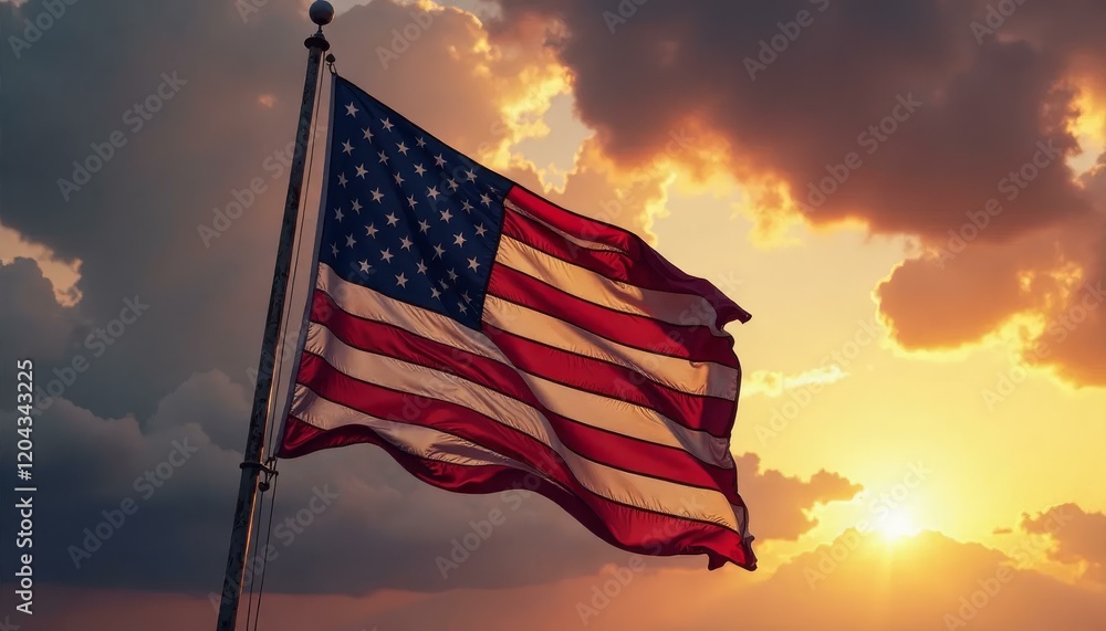 Obraz premium American Flag at Sunset, USA Patriotism, Stars and Stripes, US Flag_