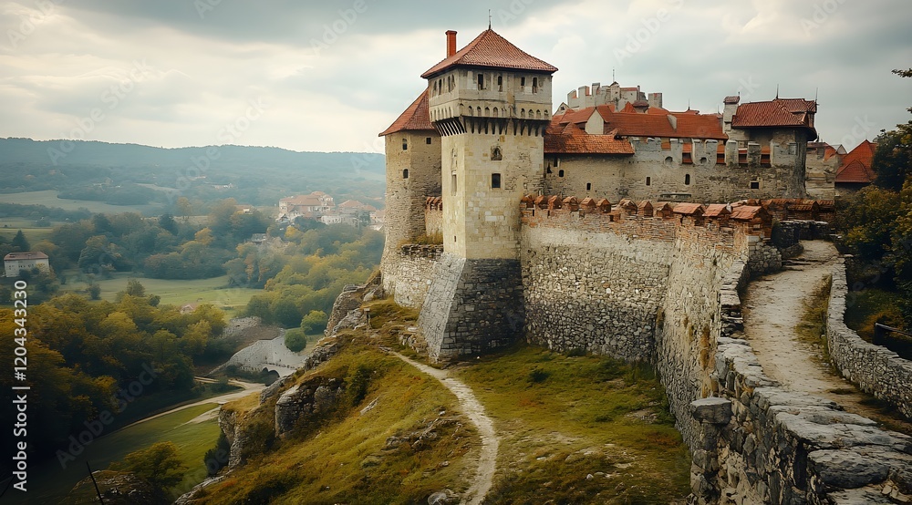 Medieval Castle on a Hillside with Overcast Lighting - Generative AI Medieval Castle on a Hillside with Overcast Lighting - Generative AI