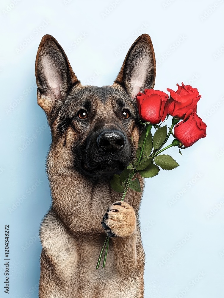 Obraz premium German Shepherd with Roses - A German Shepherd dog holds a bouquet of red roses, looking attentively. A charming image perfect for Valentine's Day or romantic themes.