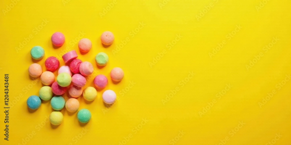 Obraz premium A vibrant collection of small, colorful spheres scattered on a sunny yellow backdrop, offering a cheerful and playful visual delight.