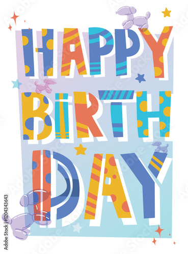 Wallpaper Mural Festive Happy Birthday text with vibrant patterns, balloon animals, and decorative stars on a light background. Cheerful celebration illustration concept. Vector illustration. Torontodigital.ca