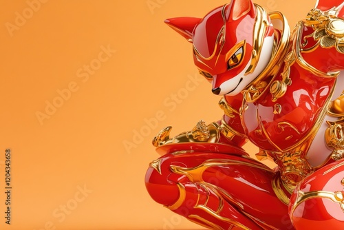 Fox in a Crimson Superhero Costume Prepares to Leap Against a Vibrant Orange Backdrop With Golden Detailing photo