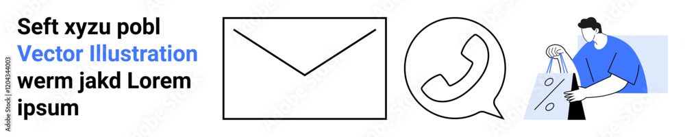 Email envelope, WhatsApp call icon, and person receiving shopping bags. Ideal for communication, messaging apps, social media, customer service, online shopping, e-commerce digital marketing Email envelope, WhatsApp call icon, and person receiving shopping bags. Ideal for communication, messaging apps, social media, customer service, online shopping, e-commerce digital marketing