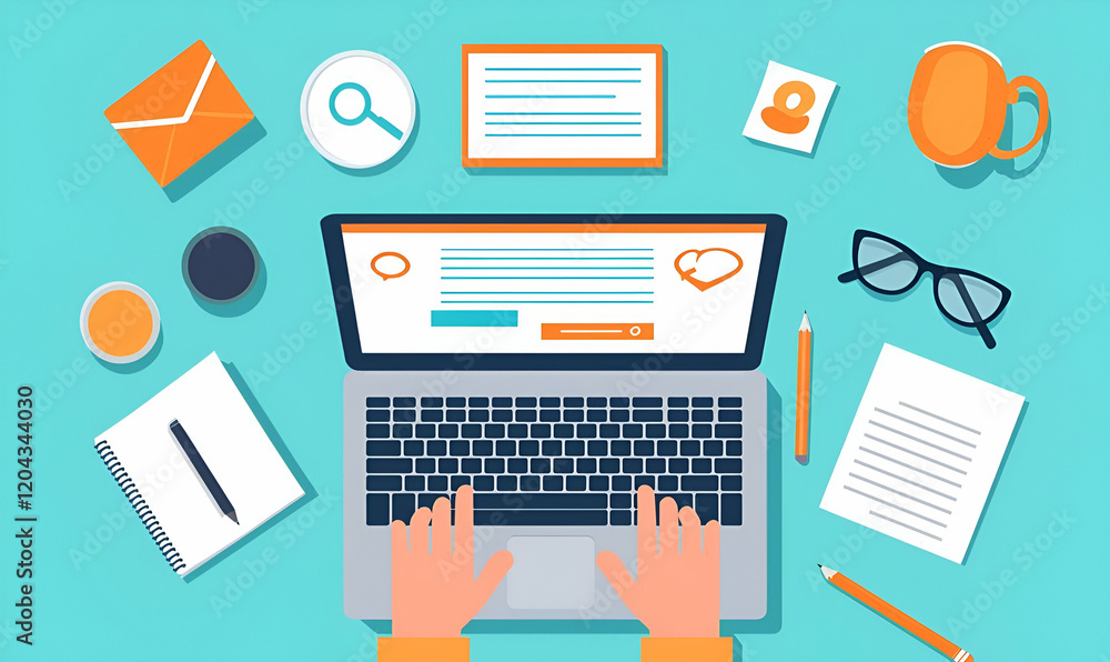 E-learning Engagement, A person interacts with a laptop adorned with various educational icons, symbolizing the digital learning experience. E-learning Engagement, A person interacts with a laptop adorned with various educational icons, symbolizing the digital learning experience.