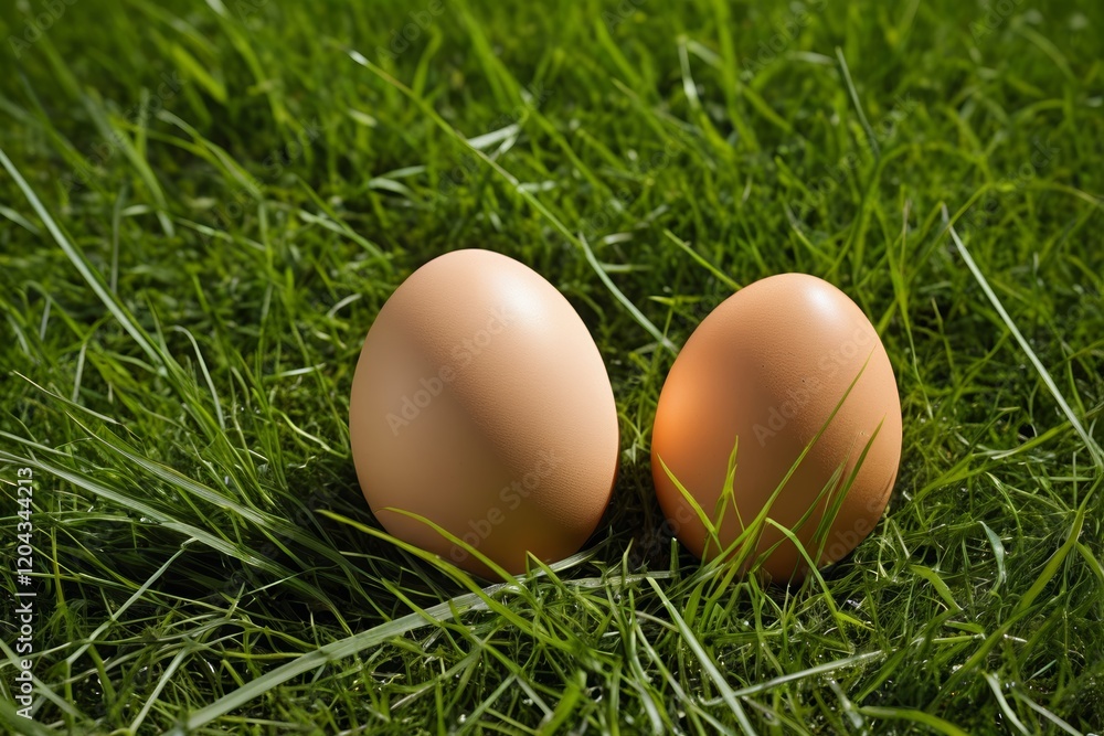two eggs sitting on top of a lush green field of grass two eggs sitting on top of a lush green field of grass