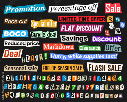 Paper cut from newspapers and magazine notice. Colorful collage of sales and discount tags with bold typography and vibrant design on a dark background. Vector illustration.