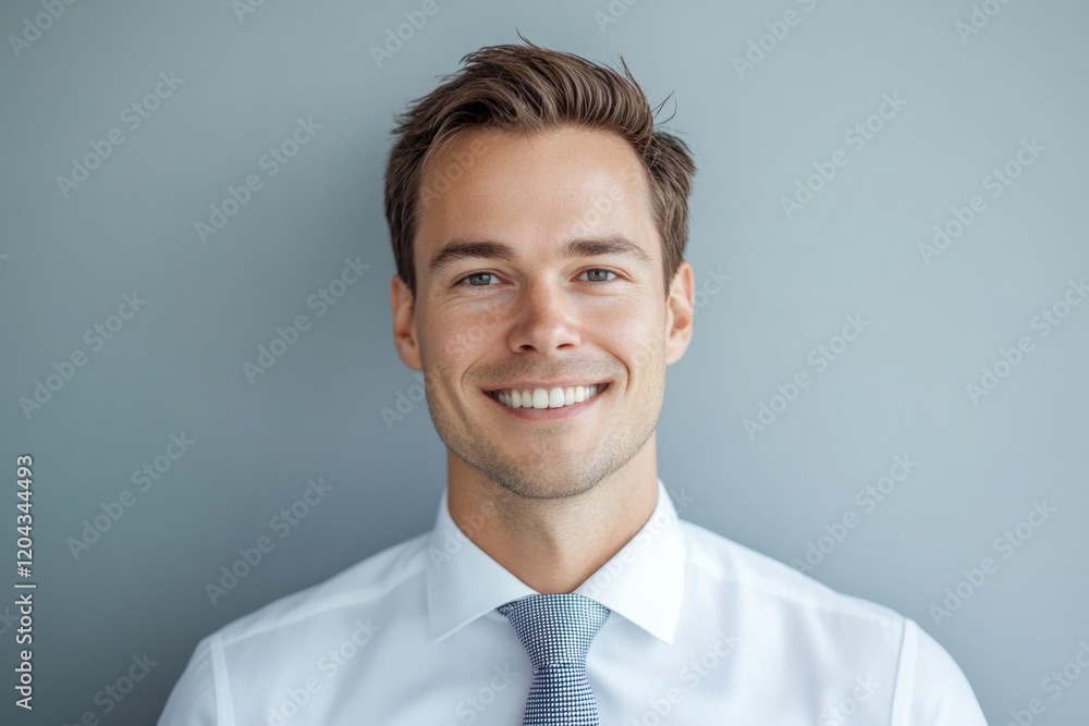 Young, handsome and friendly European man, in white shirt, with a smile on his face, happy and confident, on a gray background Young, handsome and friendly European man, in white shirt, with a smile on his face, happy and confident, on a gray background