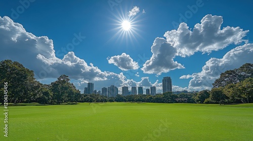 A USA flag flying over a lush green field under a bright blue sky, with its vibrant colors contrasting the natural background
