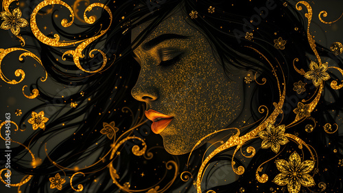 The image blends a dazzling, dual-layer composition where swirling, metallic patterns of glittery gold gracefully entangle a fluid, black ink-like silhouette of a woman. Her glowing, high-gloss finish photo